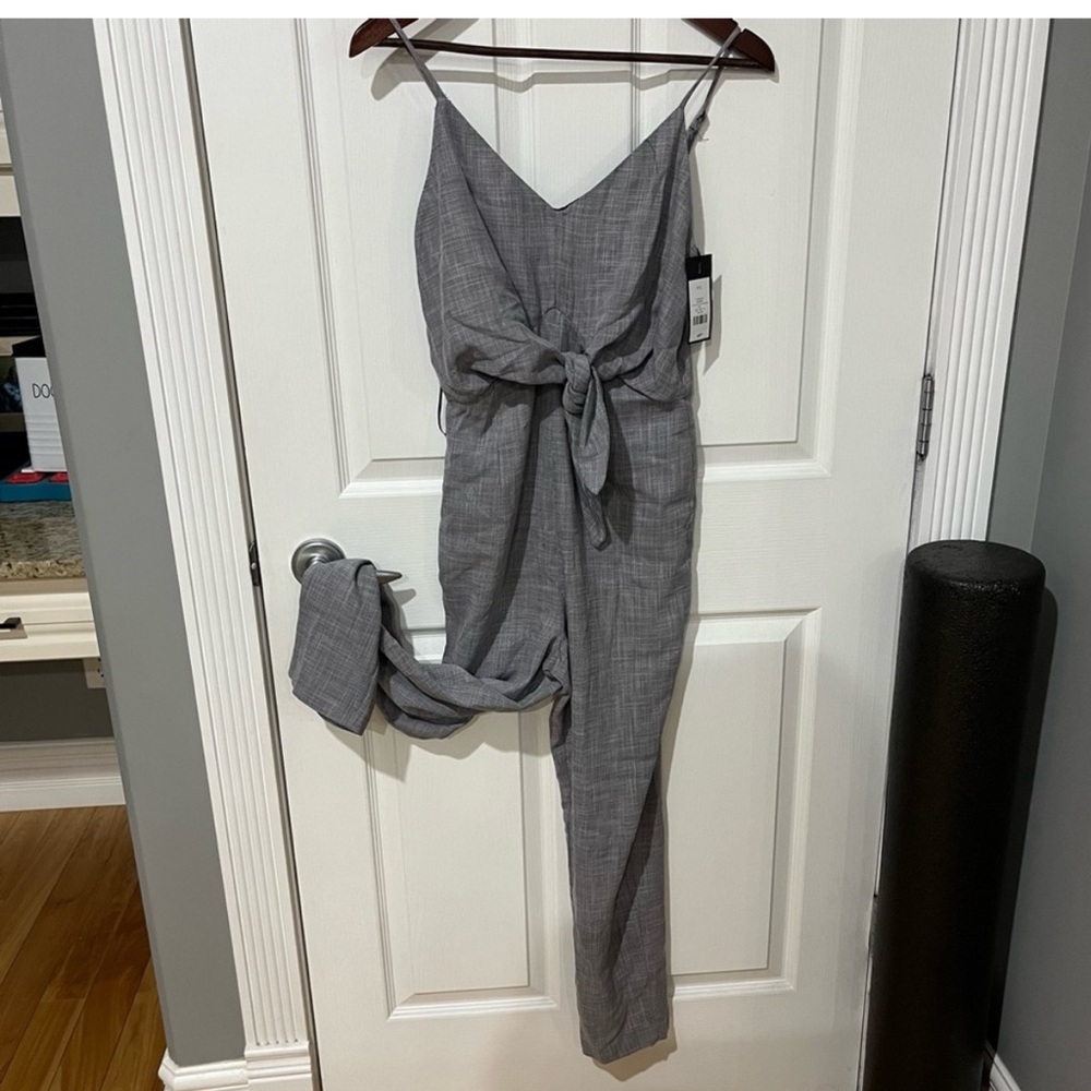 Dynamite Gray Jumpsuit with Tie-Waist and Tapered Legs - Picture 2 of 6